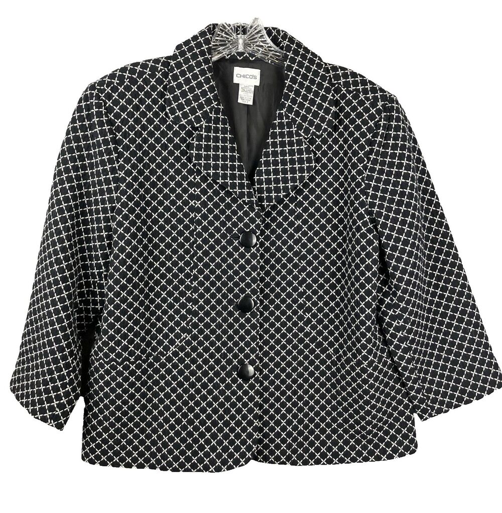 Chico's Cotton & Wool Blend Short Lined Blazer Jacket Size 2 Office Career Chic